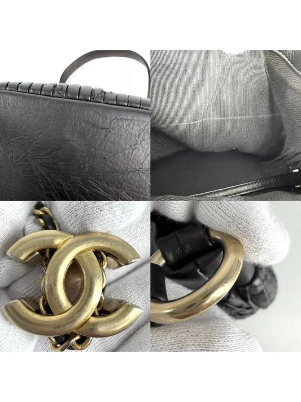 Chanel Shoulder Bag CC Logo Coco Pleated Stitch Bag Leather Black Gold Vintage
